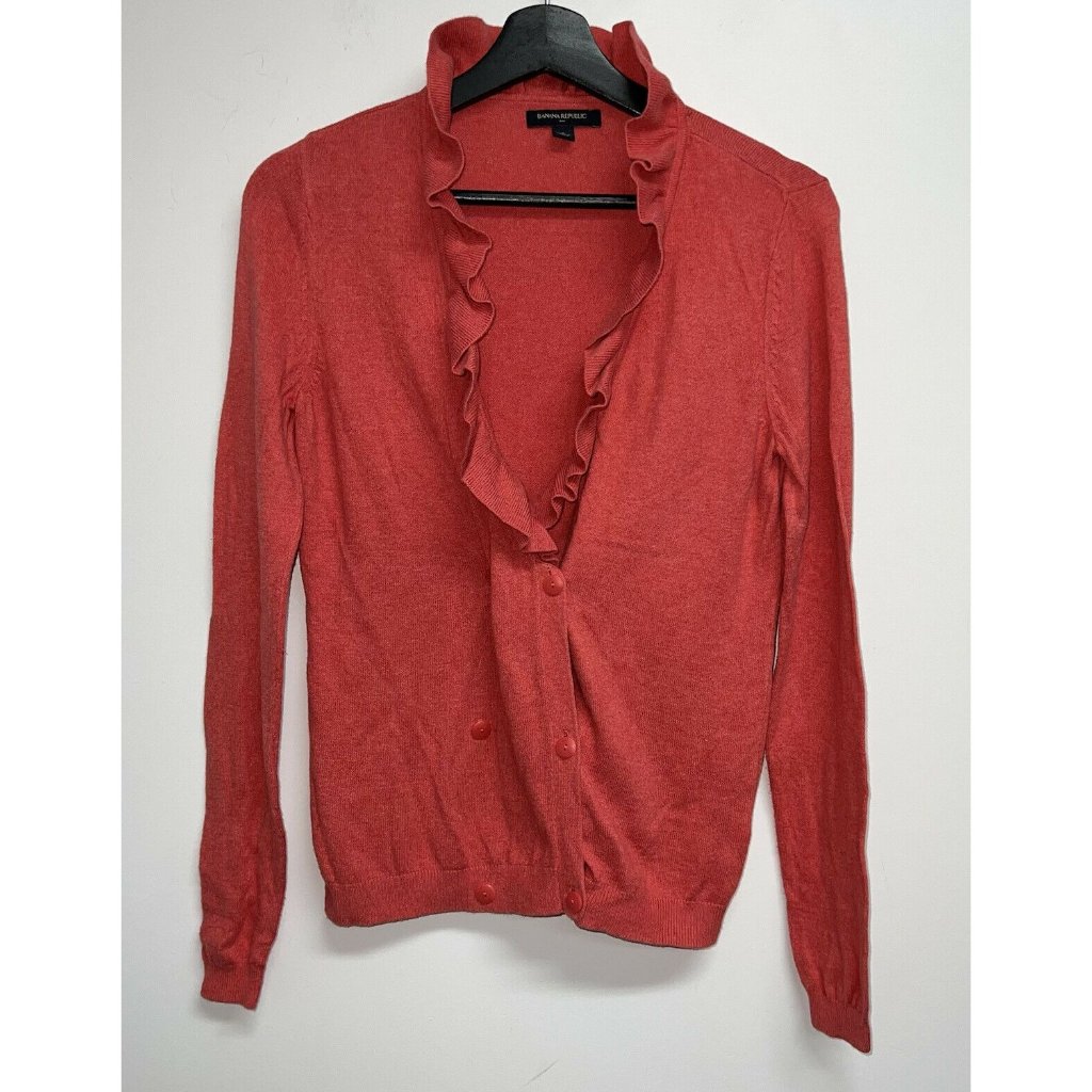Banana Republic Womens Ruffled Button Cardigan Sweater Size S Orange Deep V Neck